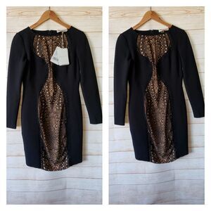 Emilio Pucci Stretchy Lace Inset Long Sleeve Sheath Mini Dress Size 44 Black